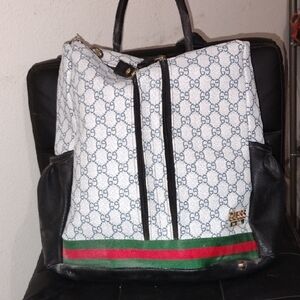 Guess White and Black Logo Backpack with Green and Red Stripe